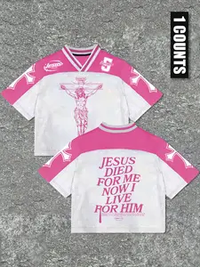 Men's Casual Loose Fit Short Sleeve V Neck Sport T-Shirt, Jesus Faith Slogan Print, Breathable Mesh Fabric, Street Style, Athletic Tops, Athletic Fashion Activewear