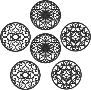 6 Set Silicone Trivet Mats, Multi-Use Intricately Carved Coasters, Insulated Non-Slip Durable Kitchen Mats, Flexible Modern Kitchen Table Mat, for Hot Dishes, Pots, Countertop (Black)