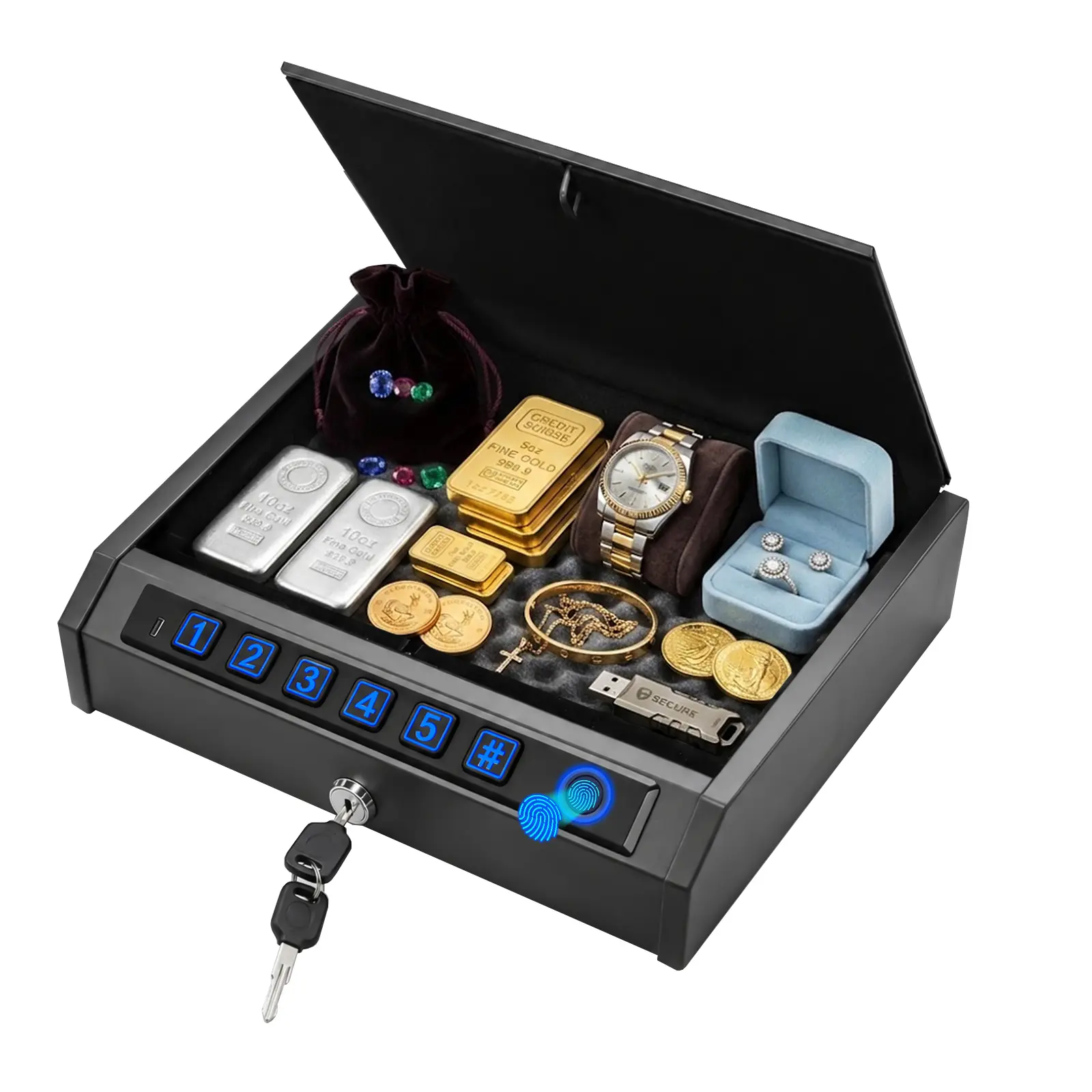 Voncabay Biometric Quick-Access Personal Safe, Smart Fingerprint & Keypad Portable Steel Safety Case with LED Light for Vehicle, Home Office Security, Anti-Theft Lockbox