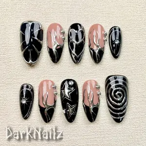 Custom Black Press On Nails, Gothic Punk Rock Nails, Goth Silver Mirror Effect With Nude French Press On Nails