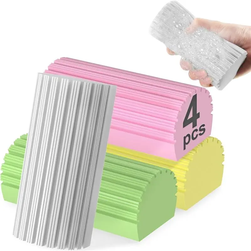 Damp Dusting Sponge Duster Set - 4pcs Reusable Wet Sponges for Cleaning Baseboards, Blinds, Vents, Window Trunk & Scrub Magic Sponge Eraser