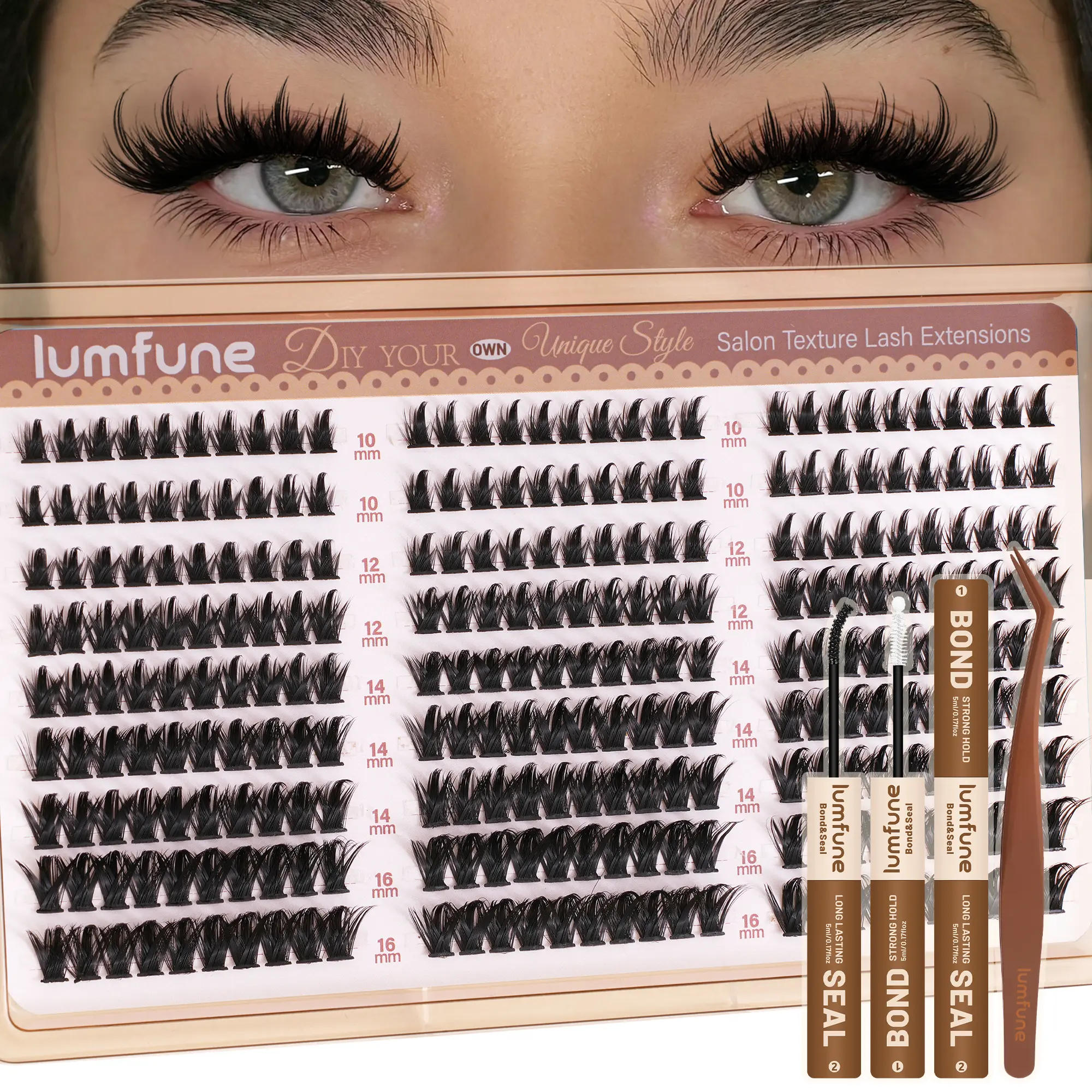 Lumfune Manga Lash Clusters Kit | Spike Wispy Cluster Eyelash Extensions, Fairy Anime Style D Curl Individual Lashes 10-16MM | DIY Lash Extension Kit with Bond & Seal & Tweezer for Natural Volume Makeup Look