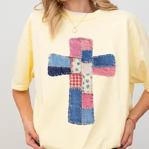 Faith Inspired Graphic Cross, Faux Patchwork Shirt, Comfort Colors Shirt, Womens T-shirt, Easter Cross Tee