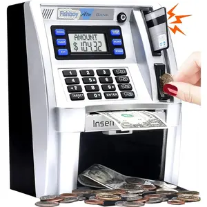 ATM Piggy Bank for Kids with-Off Memory and Debit Card for Real Money, Shutdown, Coin Recognition, Setting, Bill Feeder, Calculator, Savings Machine Box