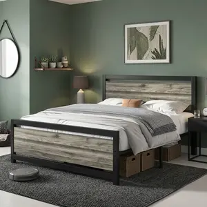 Metal Platform Bed Frame Wooden Headboard Footboard, Twin Full Queen Size Available, 10.5 Inch Underbed Storage Space, Sturdy All Metal Support Structure, No Box Spring Required, Quiet Noise Free Design, Simple Easy Assembly Bedroom Furniture Bed Base