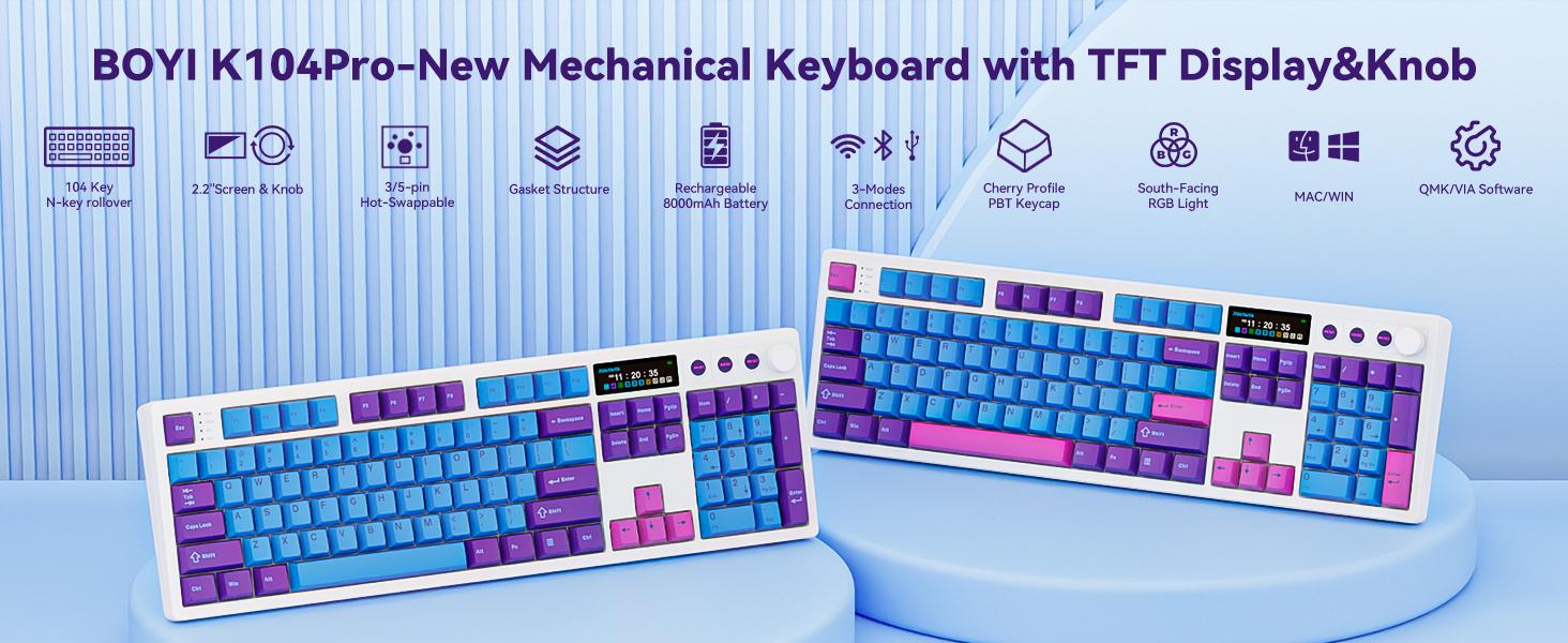 BOYI K104Pro Mechanical Keyboard with 2.2" Screen&Media Knob,QMK/VIA Custom BT5.0/2.4GHz/Type-C Gasket Mounted Hot Swap RGB Full Size Creamy Wireless Keyboard NKRO Gaming Keyboard