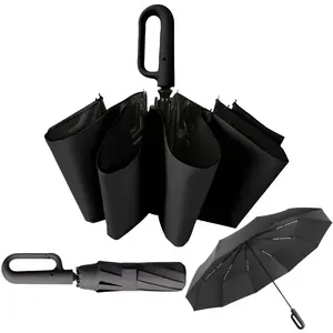 Automatic Opening & Closing - Travel Folding Umbrella Solid Color, Large Umbrella with Reinforced Double 10 Ribs, Black