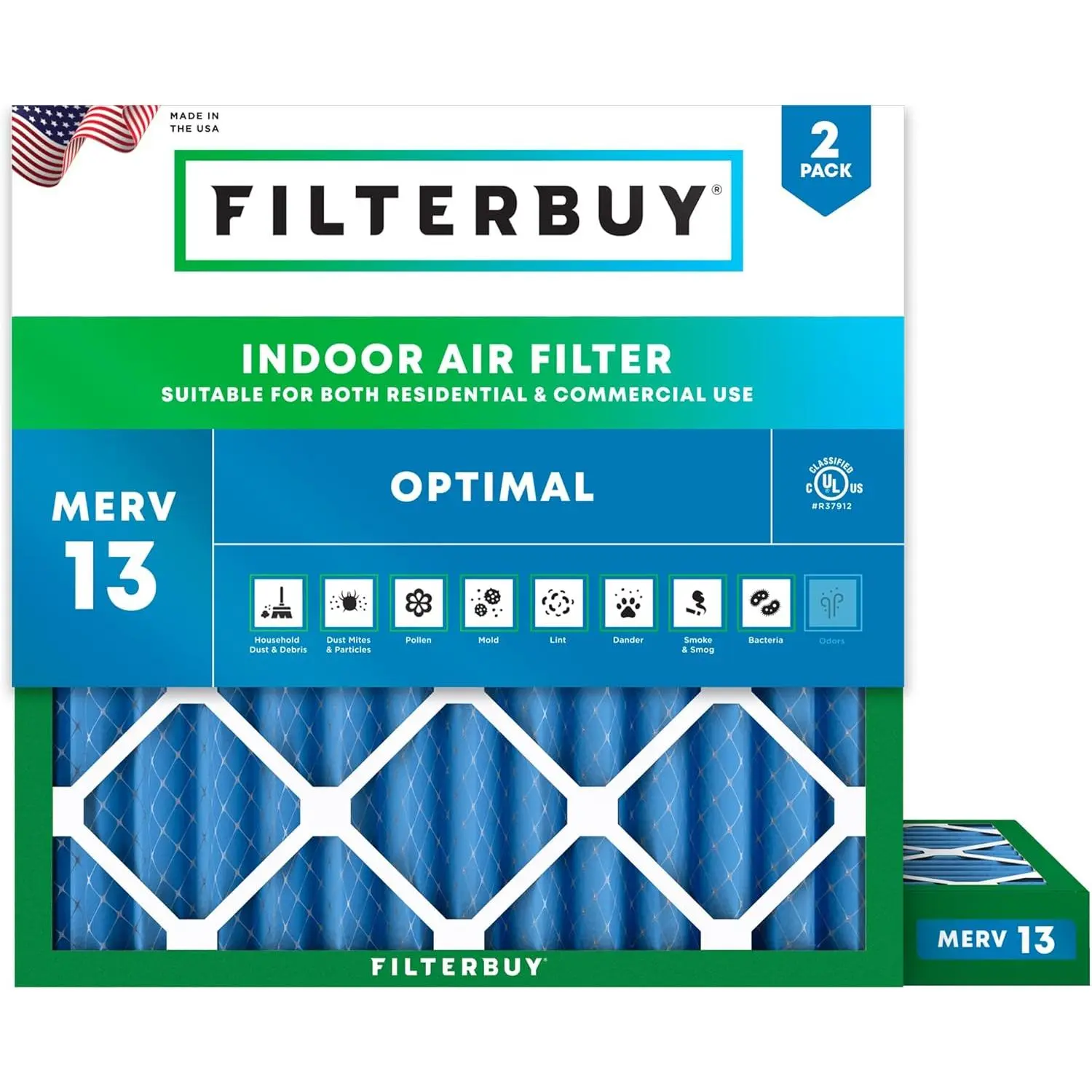 Filterbuy Household Electrostatic Pleated HVAC AC Furnace Air Filter - MERV 13 Optimal Defense, Eco-Friendly, Endures 200°F, 2-Pack, Actual Size 13.25x13.25x2 in
