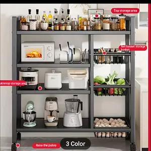 1pc Movable Storage Rack, Adjustable 4-storey Kitchen Shelf With 3 Wire Baskets, Kitchen Organizer And Storage, Metal Shelf Rack With Wheels, Suitable For Garage, Pantry, Bathroom, Closet, Warm House Gift, New Home, Standing Shelf