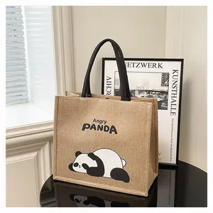 New portable linen tote bag, cute panda retro linen shopping bag, travel bag, shoulder bag.
