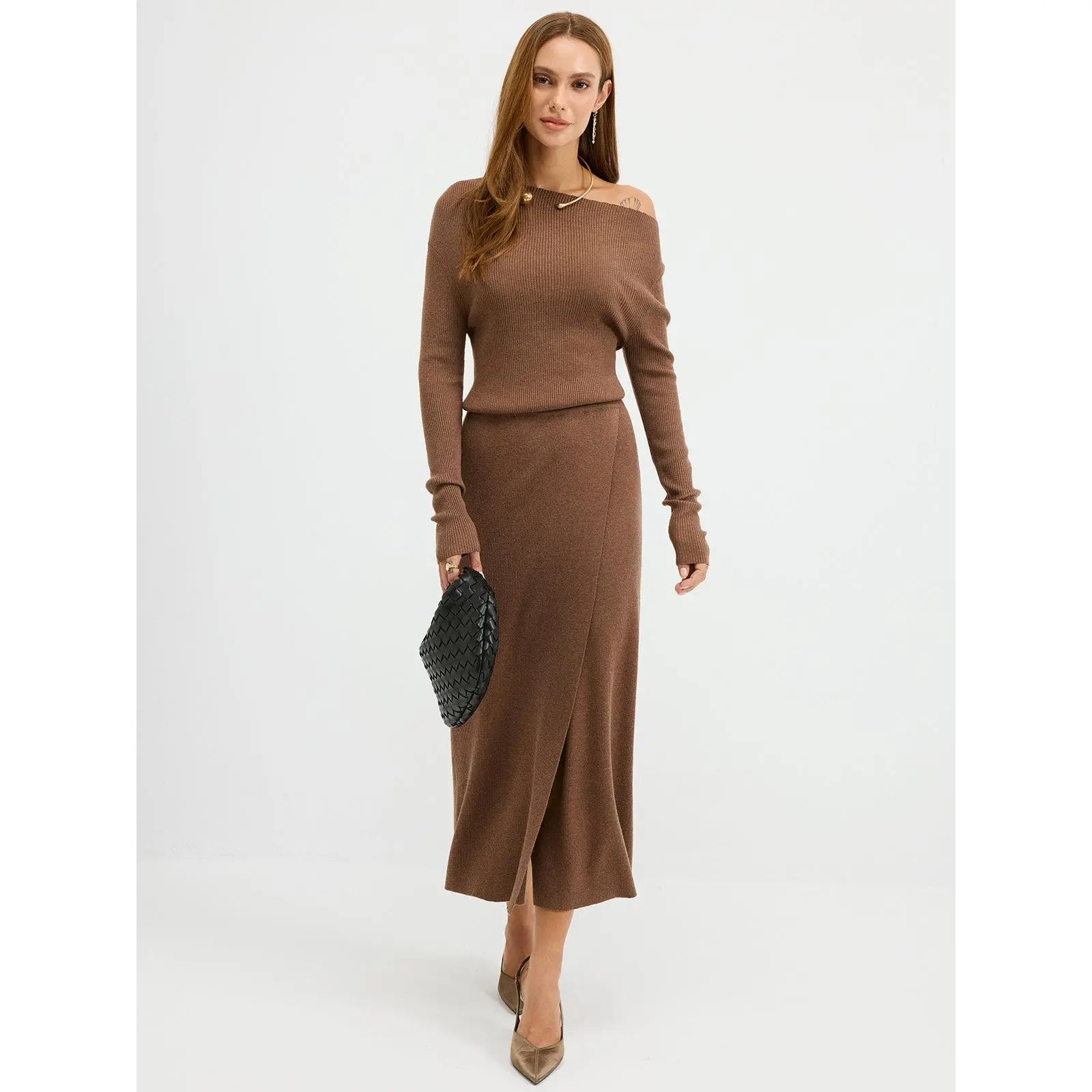Off-Shoulder Ribbed Wool Blend Maxi Dress - TikTok Shop