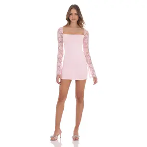 Lucy In The Sky Floral Lace Long Sleeve Dress in Pink