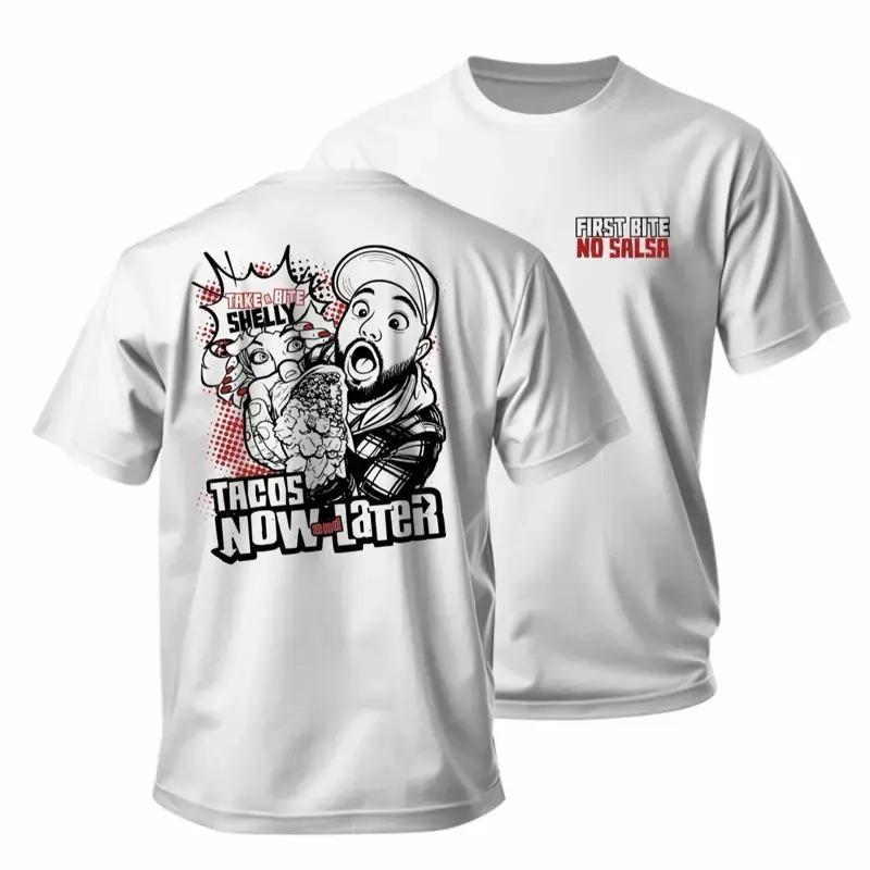 First Bite No Salsa, Tacos Now Later Design, White Crewneck T-Shirt for Everyday Wear, Menswear Graphic Tee