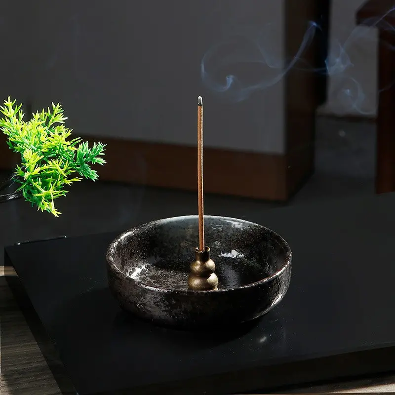 Terrazzo Ceramic Incense Holder with Brass Gourd Insert, Rustic Appeal Ash Catcher Burner, Boho Home Decor, Unique Design, Durable Material
