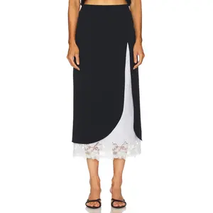Helsa The Midi Pencil Skirt With Lace & Poplin in Black