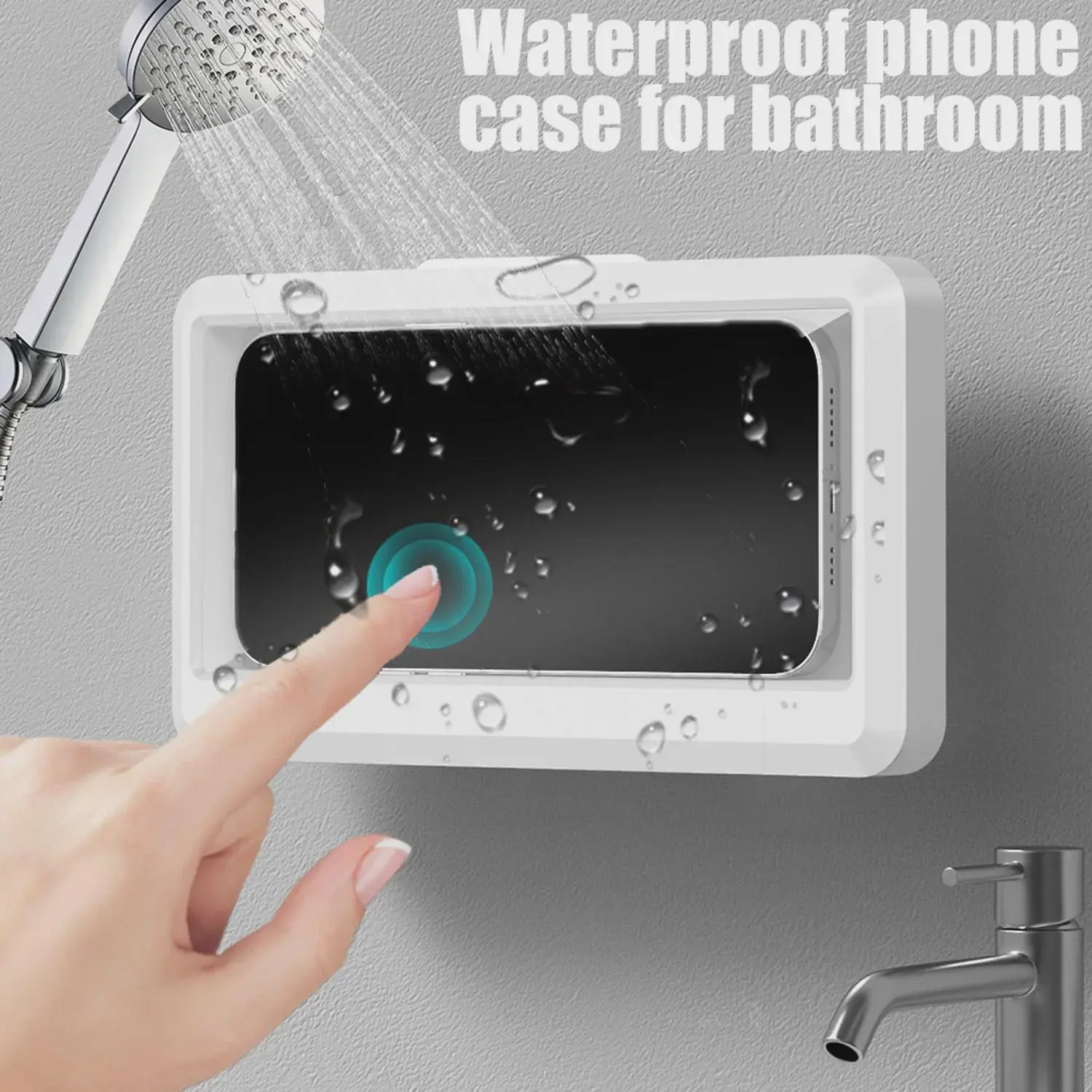 Waterproof Plastic Adhesive Mount Phone Holder, 360° Rotatable Adjustable Wall Holder for Bathroom Users’ Mobile Phones, Anti-Fog Sensitive Touchscreen Hands-Free Case, Punch-Free Stickers-Included Stand for Kitchen Tile (White)