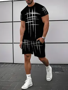 Men's Summer Casual Two-Piece Set Black White Abstract Grid Print