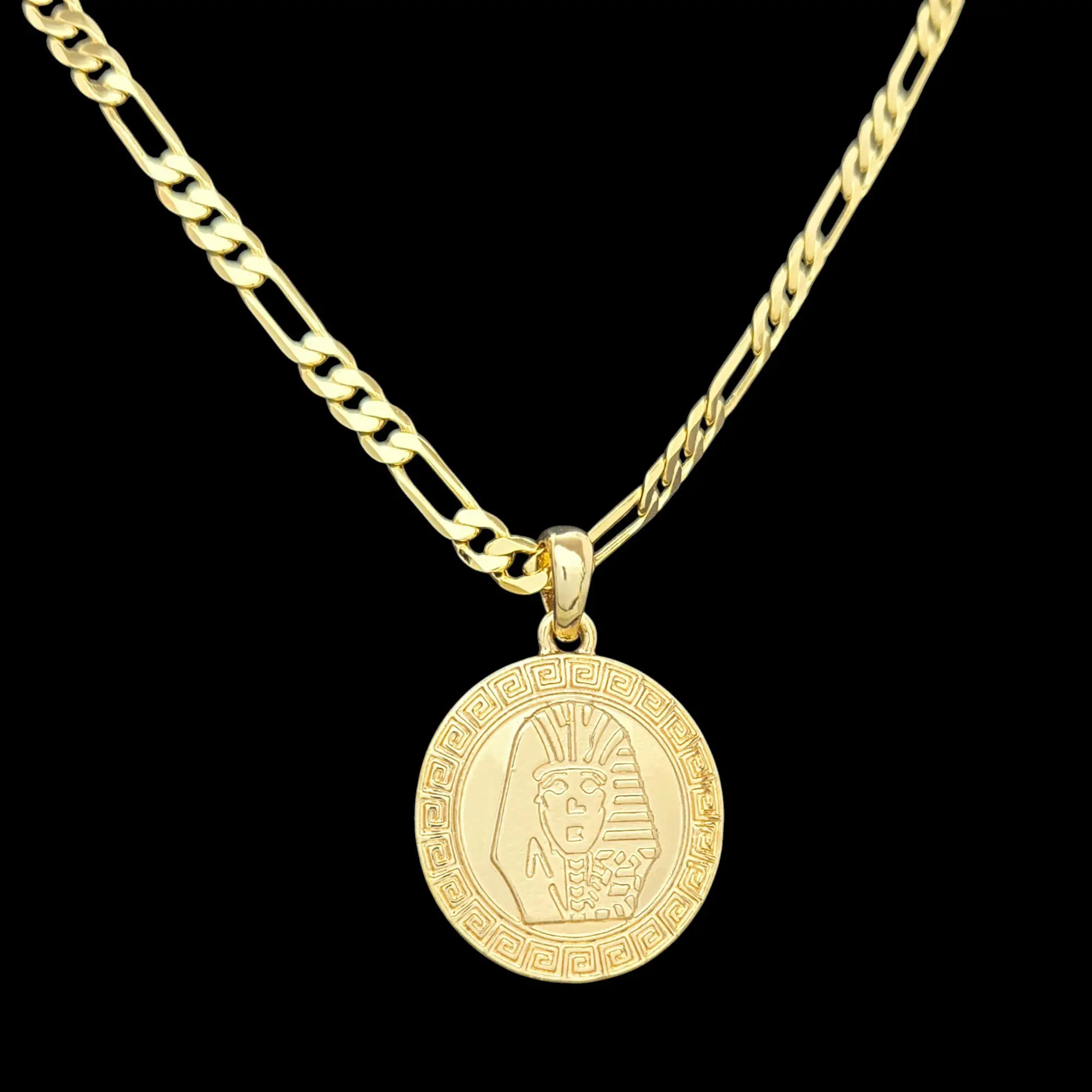 MaxBling81 Egypt King Tut Pharaoh Gold Plated Medal Pendant with 4mm 14K Stamped Brass Figaro Chain - 20" or 24" Gold Plating Long Chain Hip Hop Unisex Fashion Costume Necklace Jewelry