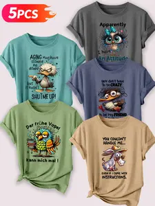 Cute Animal Humor Print Cotton T-Shirt Set, 5 Pieces, Fashionable Loose Street Casual Wear, Must-Have Essential, All Seasons