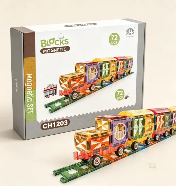 72PCS Mini Plastic Magnetic Tiles Train Set with Track - Blocks Kit, Bricks & Parts, STEM Educational Toys for 3-4 Years Kids with STEM Fun, Perfect Birthday & Holiday Gift for Boys & Girls
