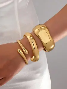 3pcs/Set Minimalist Geometric Asymmetrical Teardrop Shaped Metal Bangle Bracelet Set, Thick Solid Gold-Tone Alloy Material