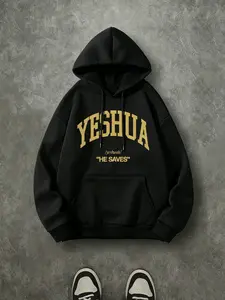 Yeshua He Saves Vintage College Hoodie, 270G Brushed Fleece Christian Faith Gold Letter Hooded Sweatshirt, Religious Inspirational Casual Streetwear Pullover For Men Women
