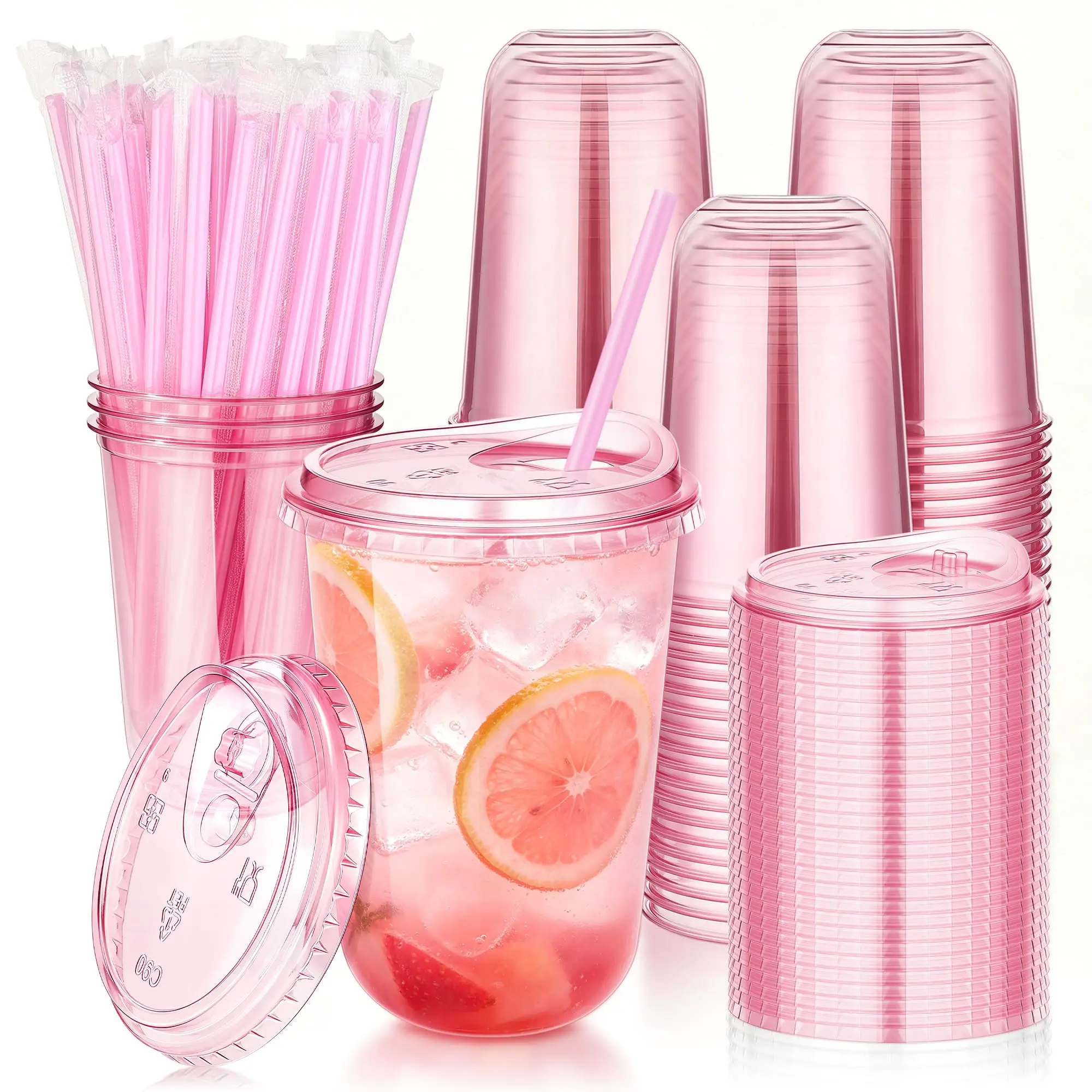 KesaPlan 50 Pack 16oz Pink Plastic Cups with Sip Lids & Straws, Disposable Iced Coffee Cup for Party Catering Wedding, Round Bottom To Go Drink Cup for Juice Cocktails Smoothie Lemonade Supplies