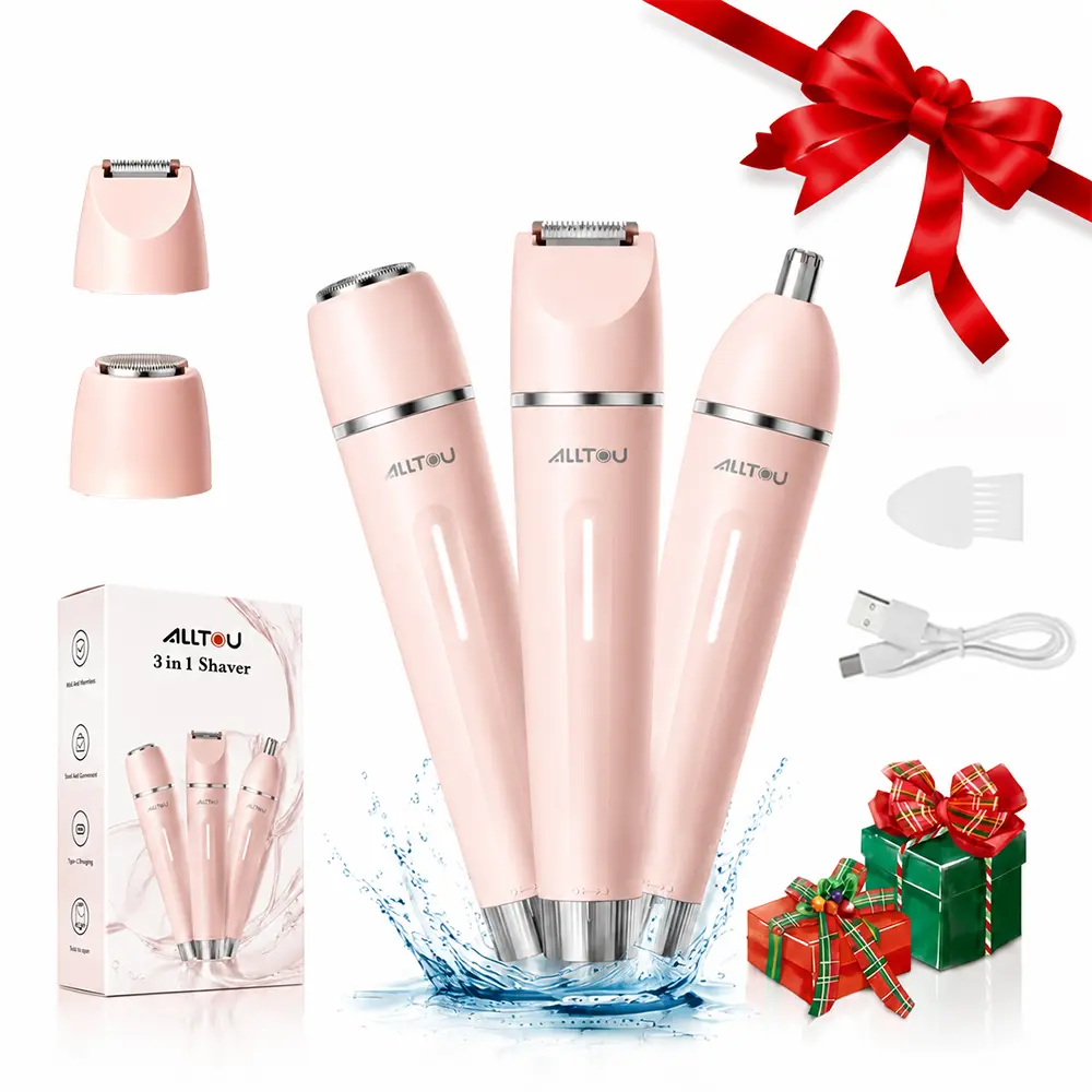 ALLTOU 3-in-1 Women's Electric Shaver | Rechargeable Electric Razor with 3 Replacement Heads for Face, Body, Legs, Underarms & Bikini Area, Cordless Hair Trimmer