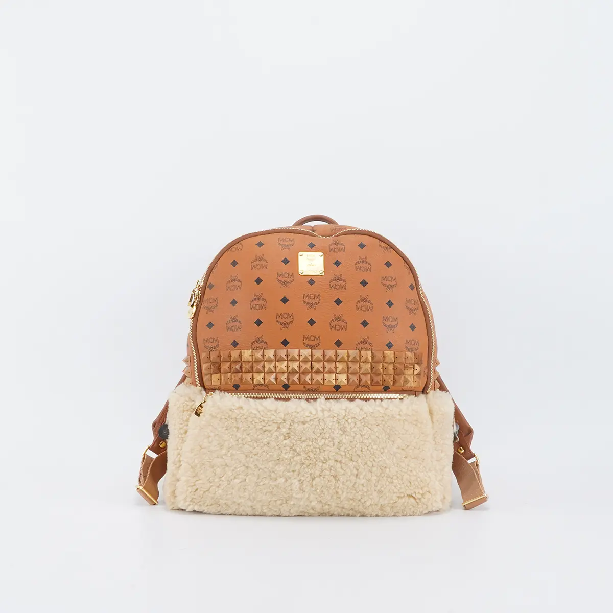 Pre-owned MCM Leather lamb wool Backpacks Cognac Color Beige Backpack Bgp203138