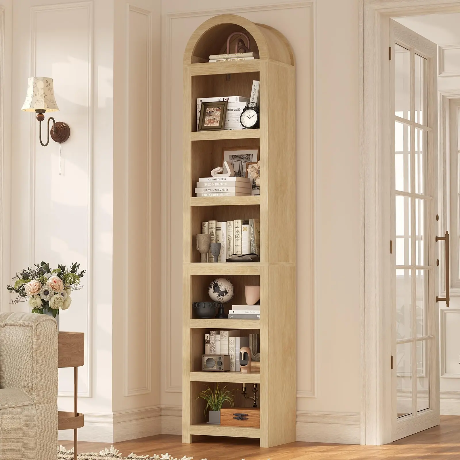 76" Tall Narrow Arched Bookshelf, 7-Tier Modern Bookshelf, Space-Saving Slim Storage Cabinet with Adjustable Shelves for Living Room,Kitchen,Home Office,Oak