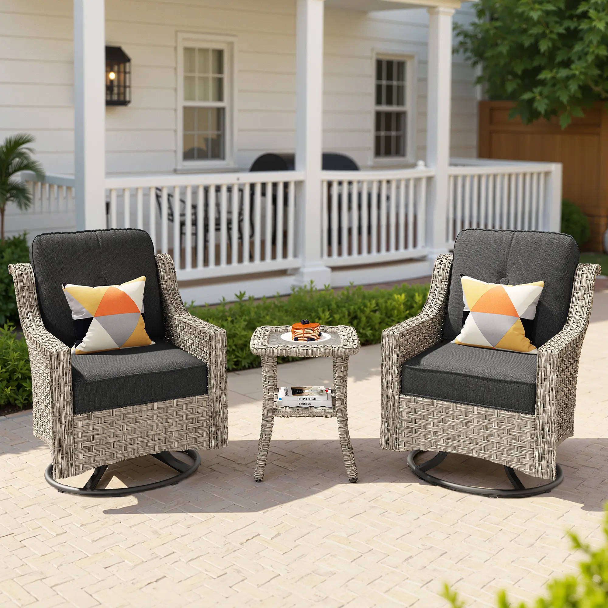 【Summerfinds】OVIOS 3-Piece Outdoor Patio Furniture Set with Swivel Chairs, Wicker Conversation Set with Cushions, All-Weather Seating for Backyard Patio Porch Deck Garden Balcony Outdoor Seating Furniture Set