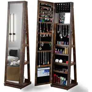 360° Swivel Jewelry Armoire with Full-Length Mirror, Lockable Standing Jewelry Cabinet Organizer w/Inside Makeup Mirror, Back Storage Shelves for Bedroom, Cloakroom, Living Room (Antique Brown) Decor