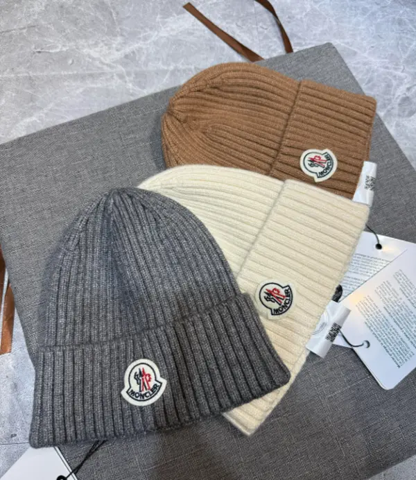 Moncler Knit Beanie - Unisex Winter Hat Ribbed Cuffed Wool Beanie, Warm Skull Cap, Luxury Designer Knit Cap, Soft Stretch Cold Weather Streetwear Outdoor Ski Snow Fashion