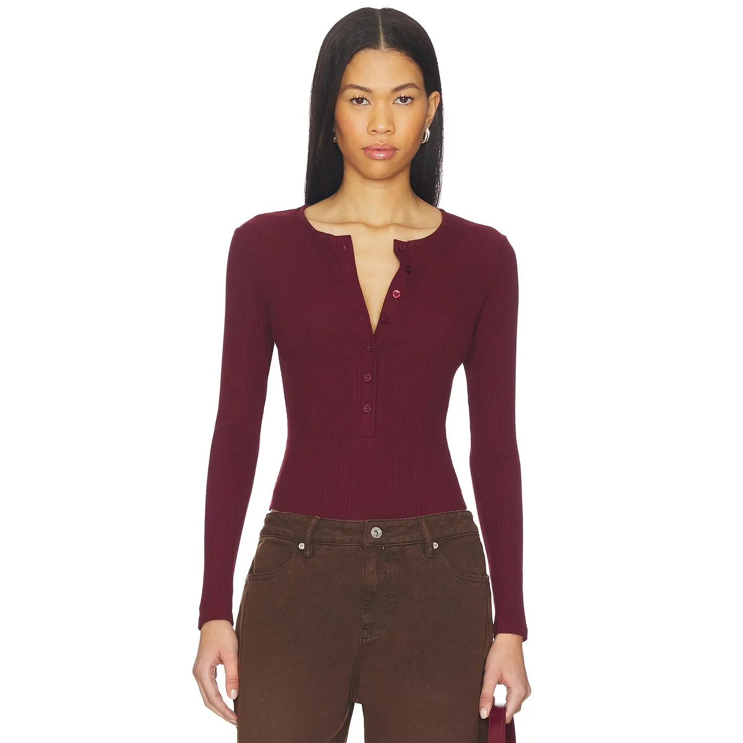 SNDYS Henley Bodysuit in Burgundy