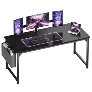 63 Inch Computer Desk with Storage Bag, Home Office Desk for Small Spaces, Gaming Desk with Side Pocket, Large Writing Study Table, Sturdy Steel Frame, Easy Assembly, Black/White/Brown