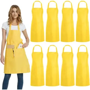 8 Pack Bib Aprons Bulk - Unisex Yellow Commercial Apron with 2 Pockets for Kitchen Crafting BBQ Drawing Cooking