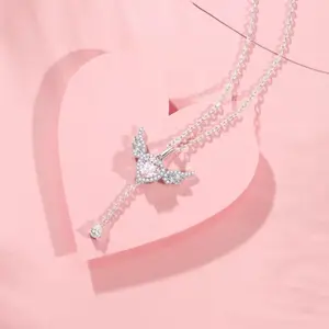 Cupid's Heart Moving Angel Heart Wing Necklace for Women, Collarbone Chain AA10169-XL