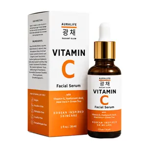 AURALIFE Vitamin C Facial Serum with Hyaluronic Acid, Vitamin E, Aloe Vera & Green Tea – Brightening Hydrating Face Serum for Radiant Glow, 1 fl oz