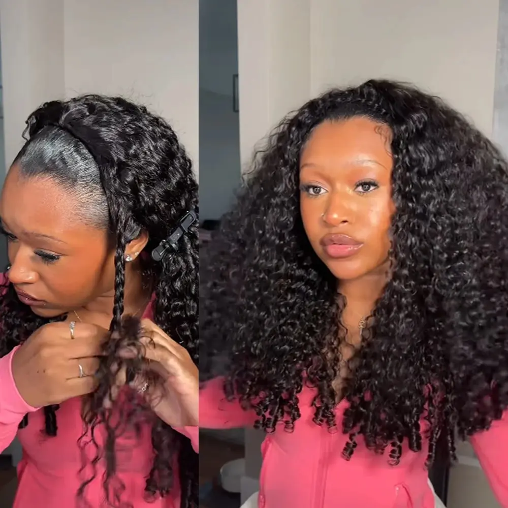 【Upgrade】Glueless 3 IN 1 Half Wigs Burmese Curly Human Hair Glueless Half Wig With Drawstring Cap Invisible Hairline 180% Density Bling Hair Ready to Wear Human Hair Half Wig