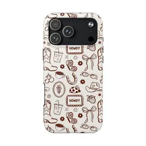 Howdy Western Phone Case - Brown Cowgirl Doodle Phone Case with Cowboy Boots and Hats
