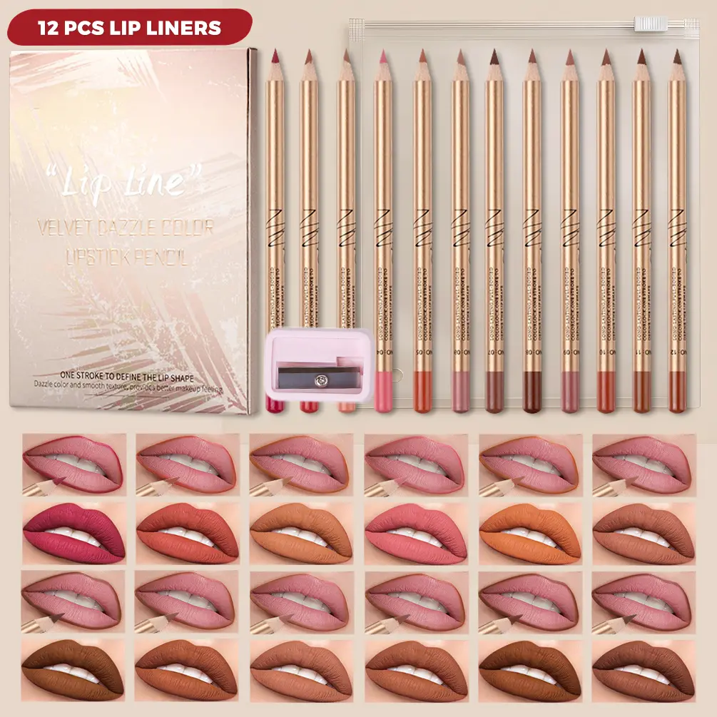 12 PCS Matte Lip Liner Set with Sharpener, Creamy & Blendable Lip Pencil, Daily Nude Brown Red Natural Lip Makeup Kit for Women