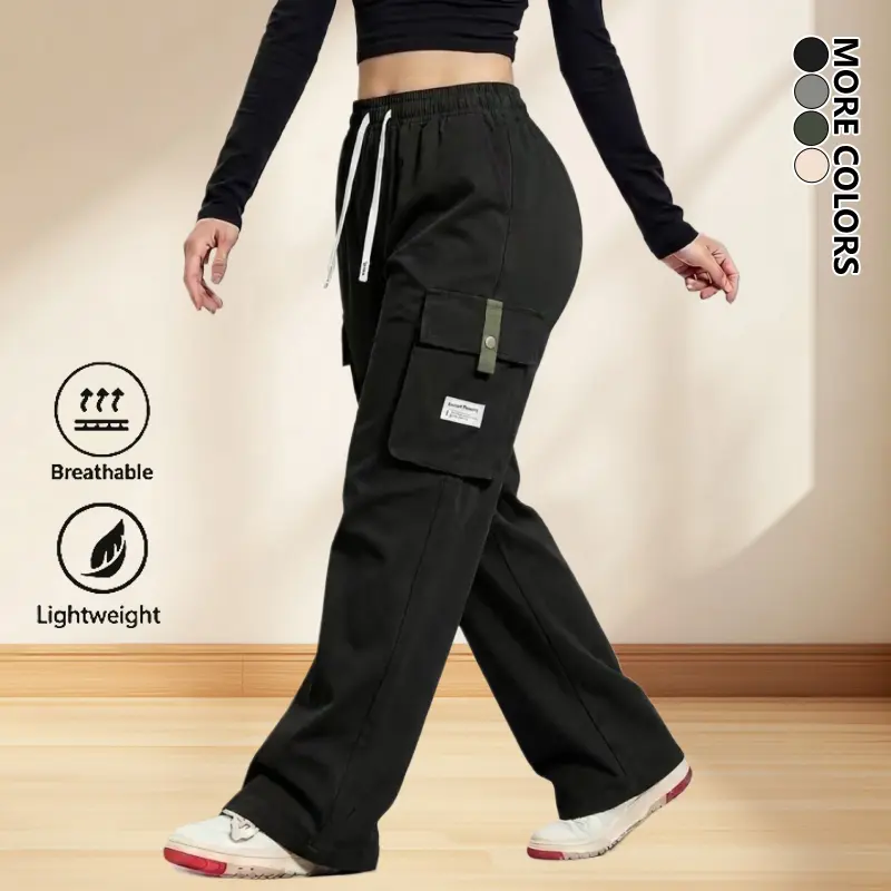 Clean Gent women’s outdoor cargo pants for spring/autumn, long length with large pockets on both sides, elastic drawstring waistband and cuffed ankles; suitable for everyday casual wear, outdoor activities, jogging, and dates.