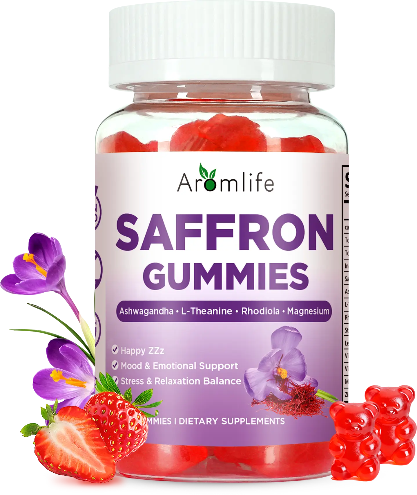 Saffron Gummies for Happy ZZz & Focus, 88.5mg Per Serving Saffron Gummies with Ashwagandha, L-Theanine & Turmeric for Adults, 60 Count Sugar Free Ashwagandha Gummy Strawberry Flavor Vegan