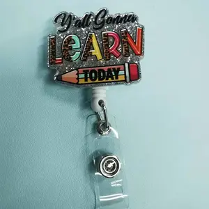 An educational-themed badge retractable buckle with glitter effect, printed with the text "Y'all Gonna LEARN TODAY", the letters "LEARN" decorated with leopard print and other patterns, Classroom supplies