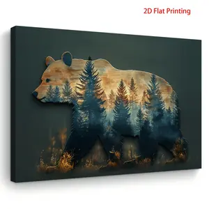 [2D Flat] A 2D flat print using wooden frame canvas art showcasing the outline of a bear with a  forest scene. This wall art is suitable for decorating living rooms, bedrooms, and kitchens, making it an excellent choice for home decor
