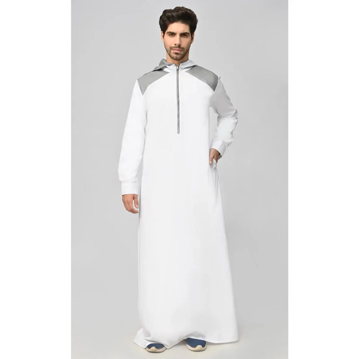 Buy Mens Grey Contrasted Thobe/Jubba With Pockets And Hood