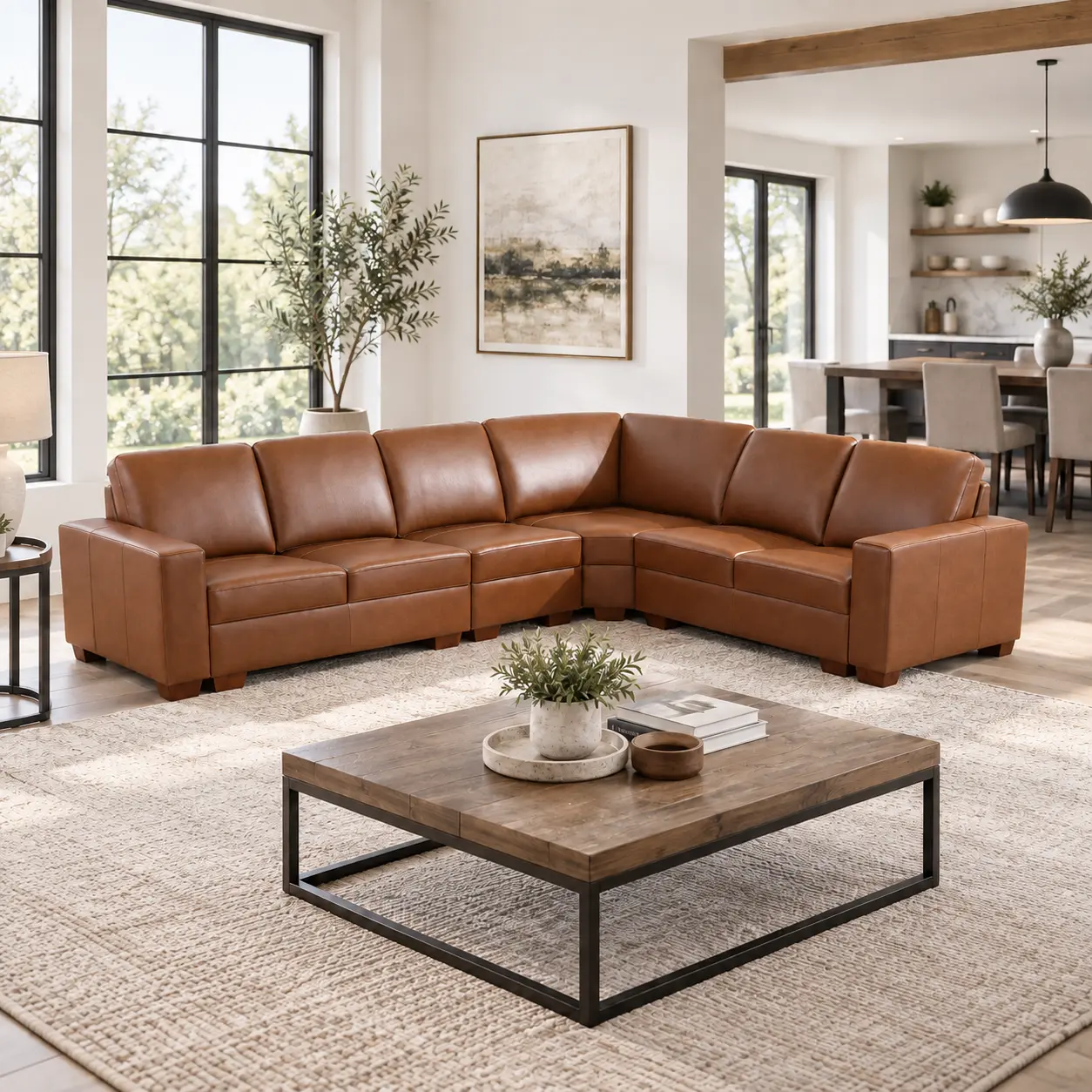Premium Genuine Cowhide Leather Modular Sofa, Luxury Living Room Seating, Brown