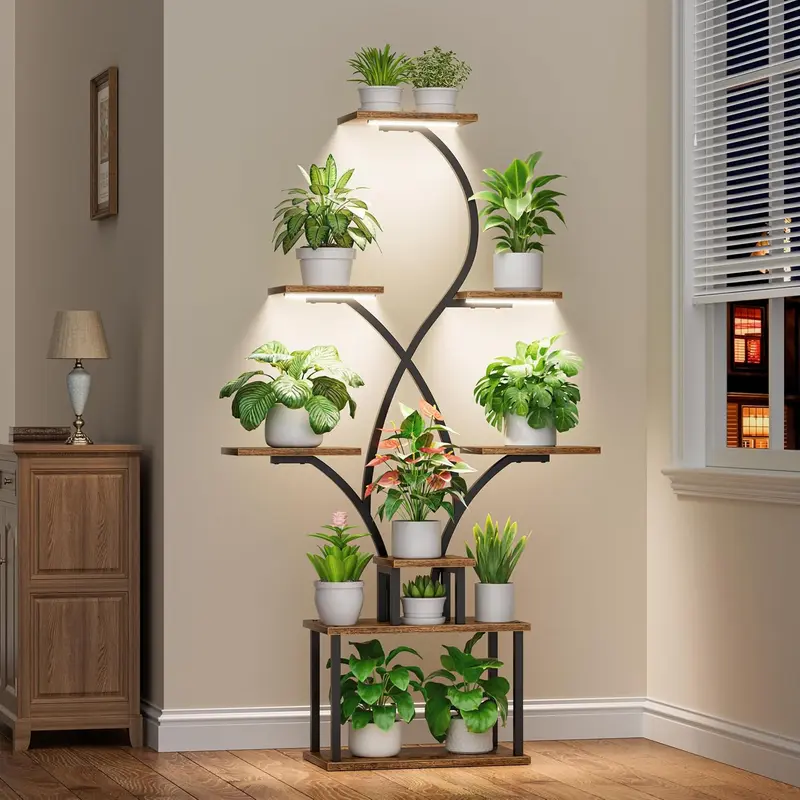 BACEKOLL Indoor Lighted 8-Tier Spike-Shaped Plant Stand with Grow Lights - 62" Tall, 8-tier Vertical Use & Plant Space, Anti-Tip Strap, Corrosion Resistant, Easy-Clean Shelves, Corner Space Saver Home Rack, Bedroom Books Holder, Living Room Home Decor