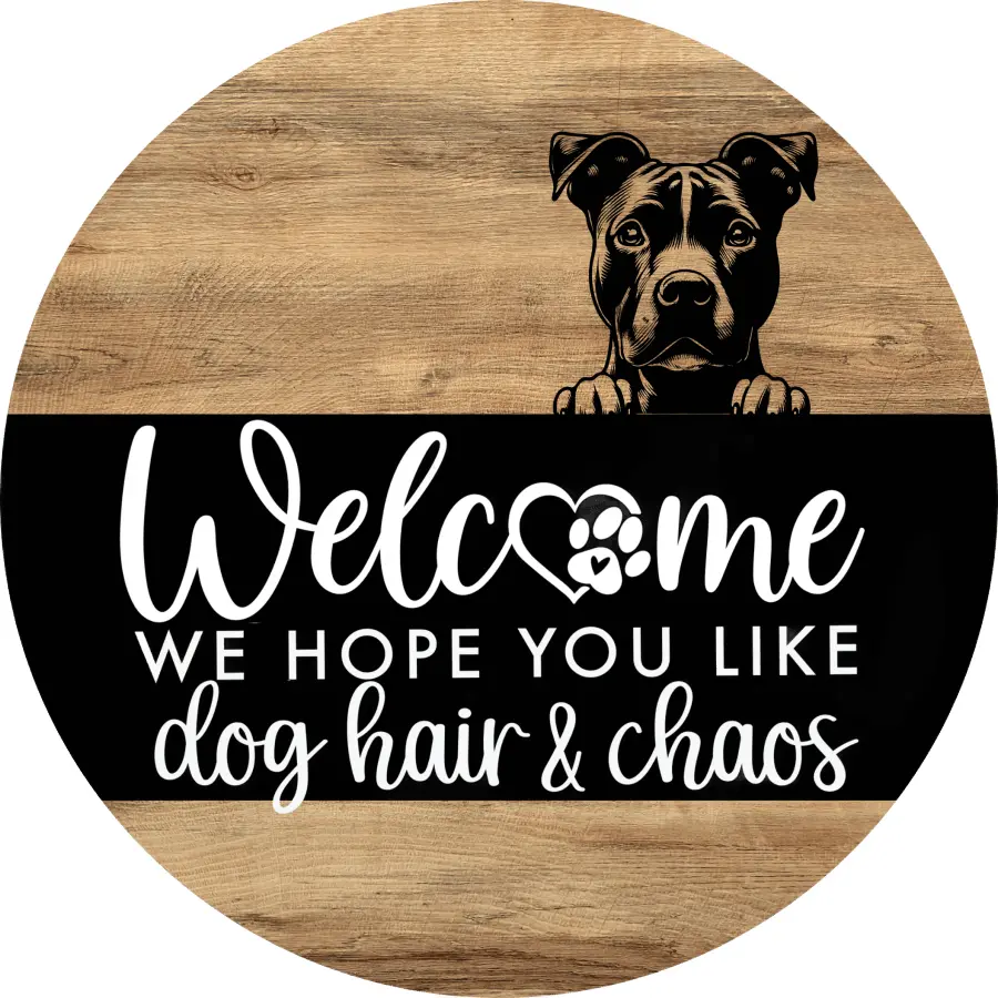 American Pit Bull Terrier Dog Door Hanger, Dog Hair and Chaos Door Hanger, DCO-13756-DH, 18" Round Wood