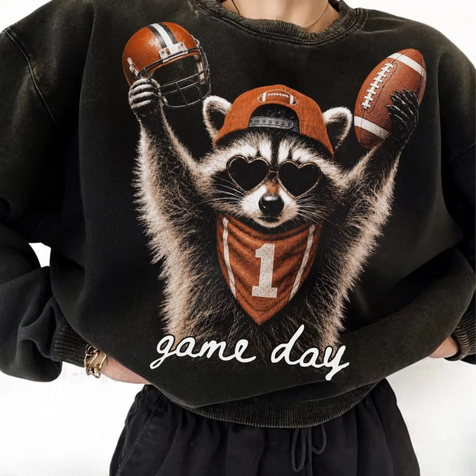 Women's Gildan Game Day Raccoon Long Sleeve Round Neck Sweatshirt, Football Fan Crewneck Tops, Vintage Graphic Pullover Clothes, Unisex Fall Tailgate Gift